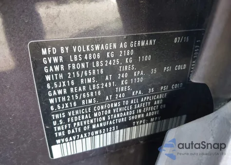 2016 Volkswagen Tiguan S z USA, uszkodzony, nr VIN WVGAV7AX7GW521231